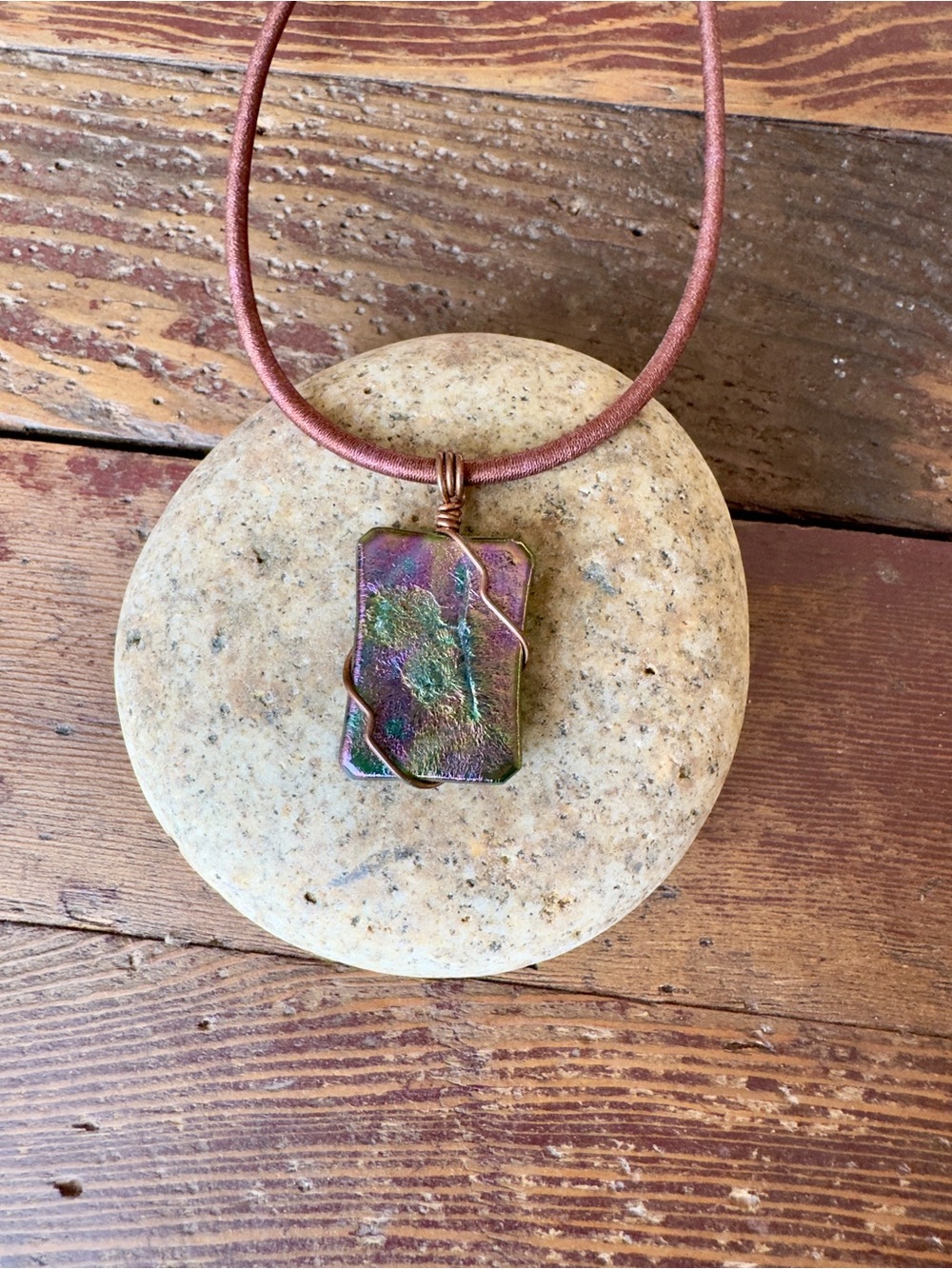 Hand Crafted Iridescent Purple-Green Rectangular Pendant Necklace